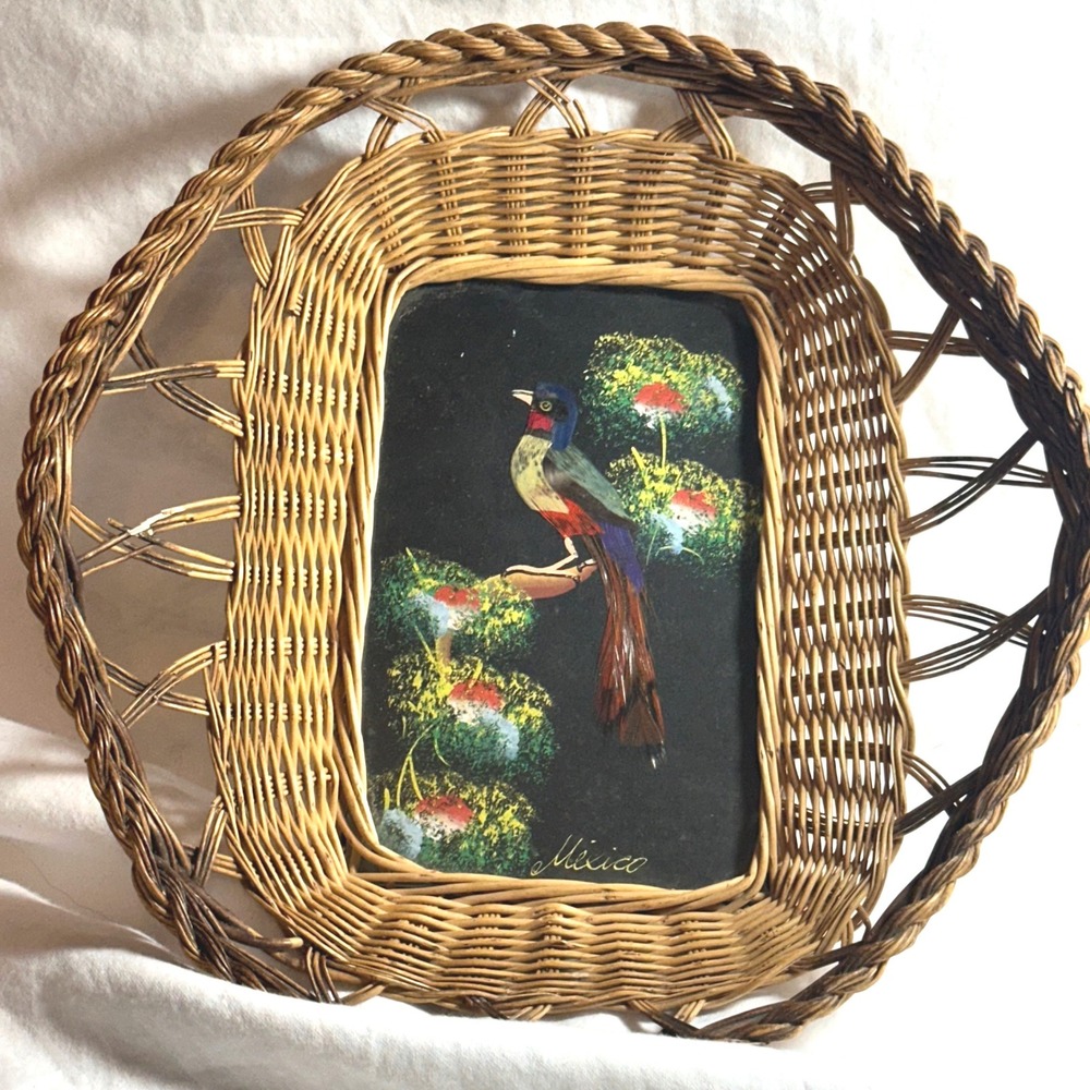 Vintage Mexico Feather Art Wicker Tray Frame Bird Folk Art Multi Excellent Boho